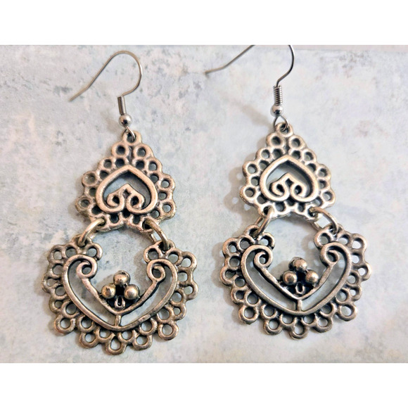 Handmade in Israel Pewter Style Large Dangle Earrings Silver Tone - Picture 4 of 6